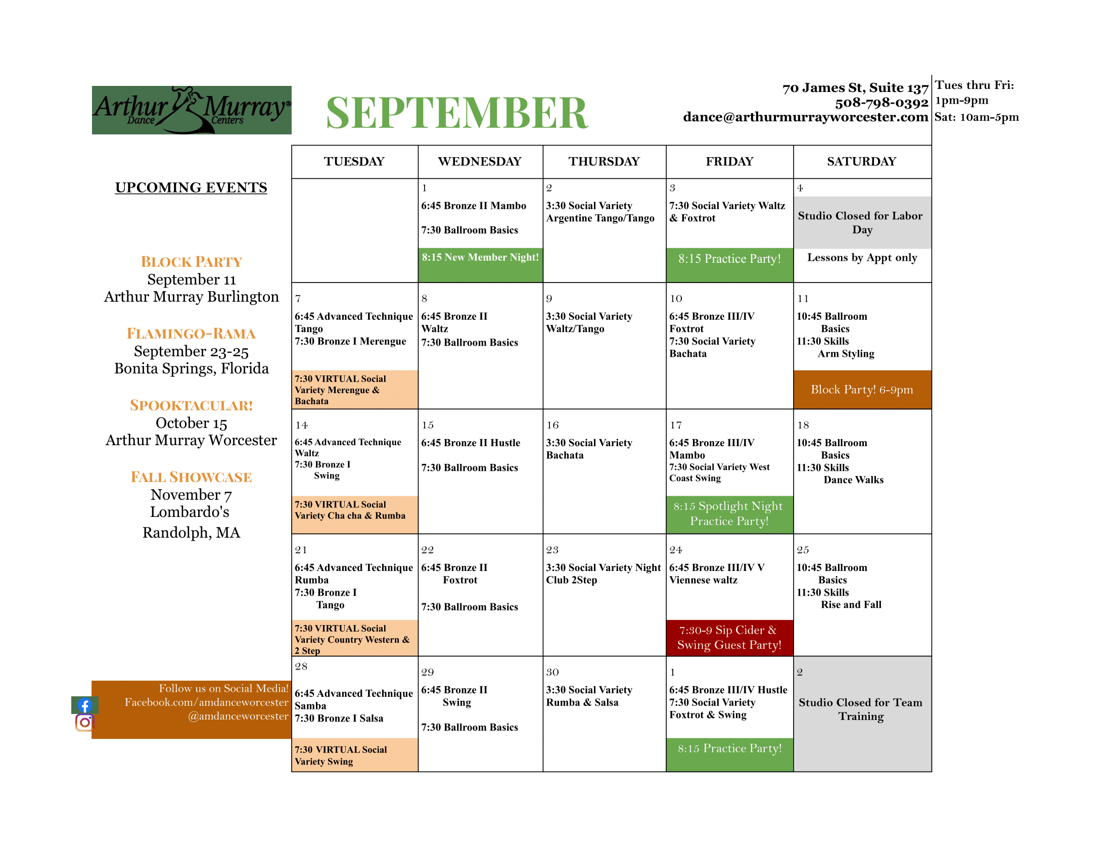 Dance Studio Worcester September Calendar Dance Studio Worcester September Calendar