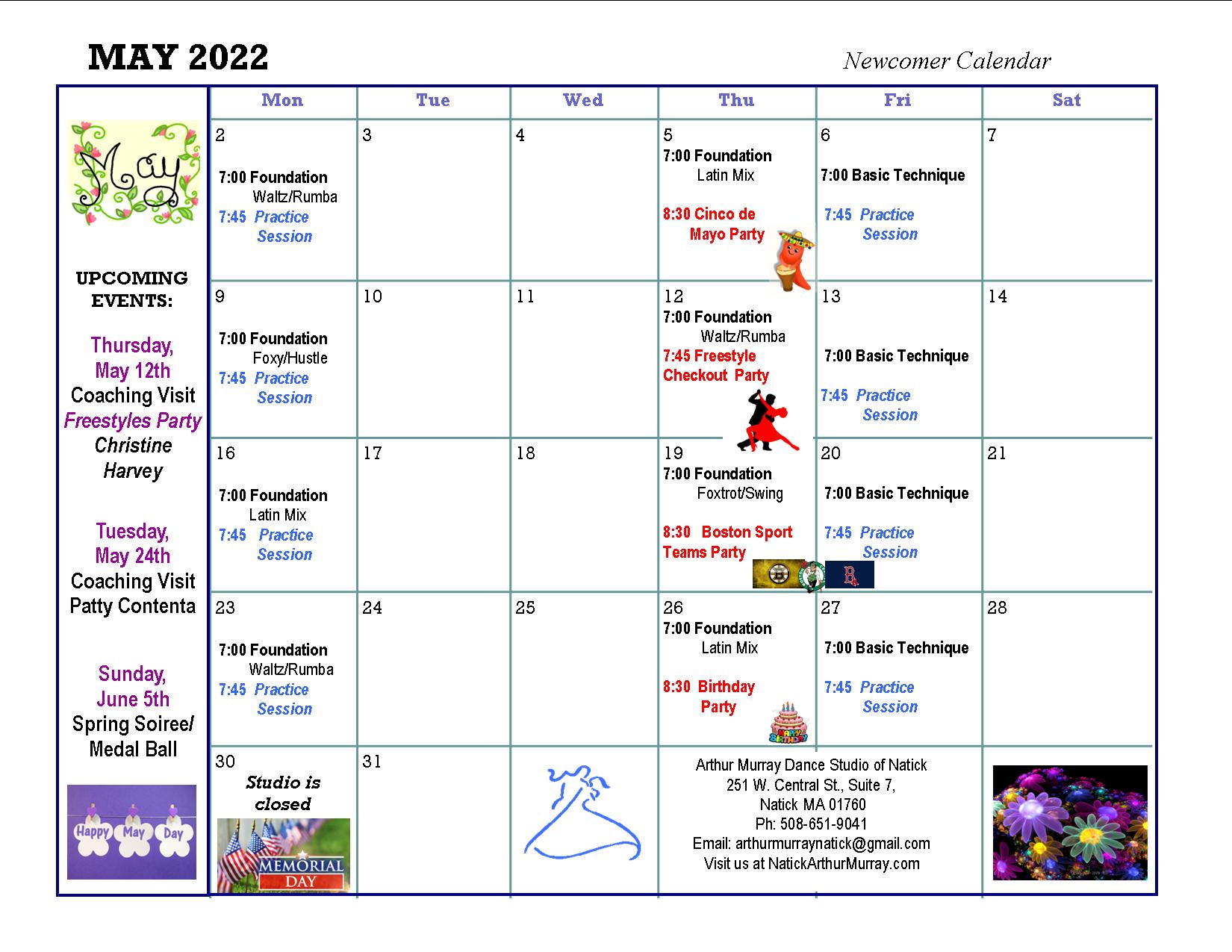 Dance Studio Natick Newcomer May Calendar