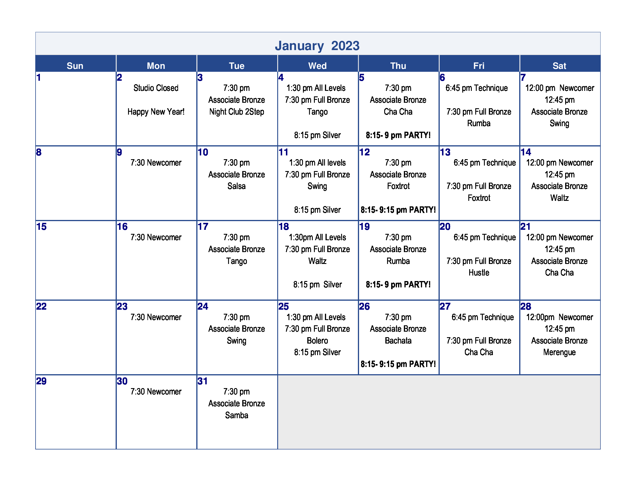 Dance Studio Dedham Jan Calendar