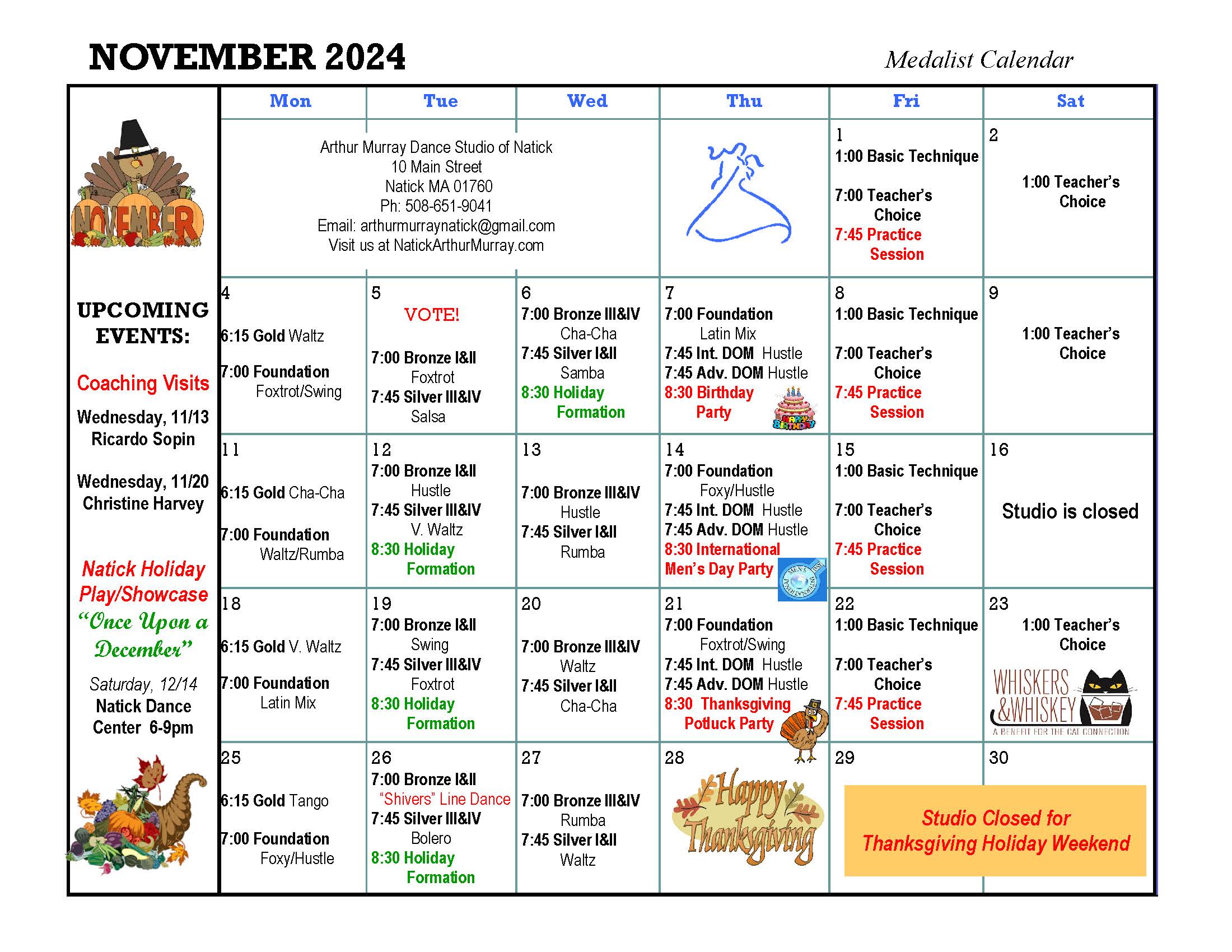 Arthur Murray Natick Medalist November 2024 Calendar