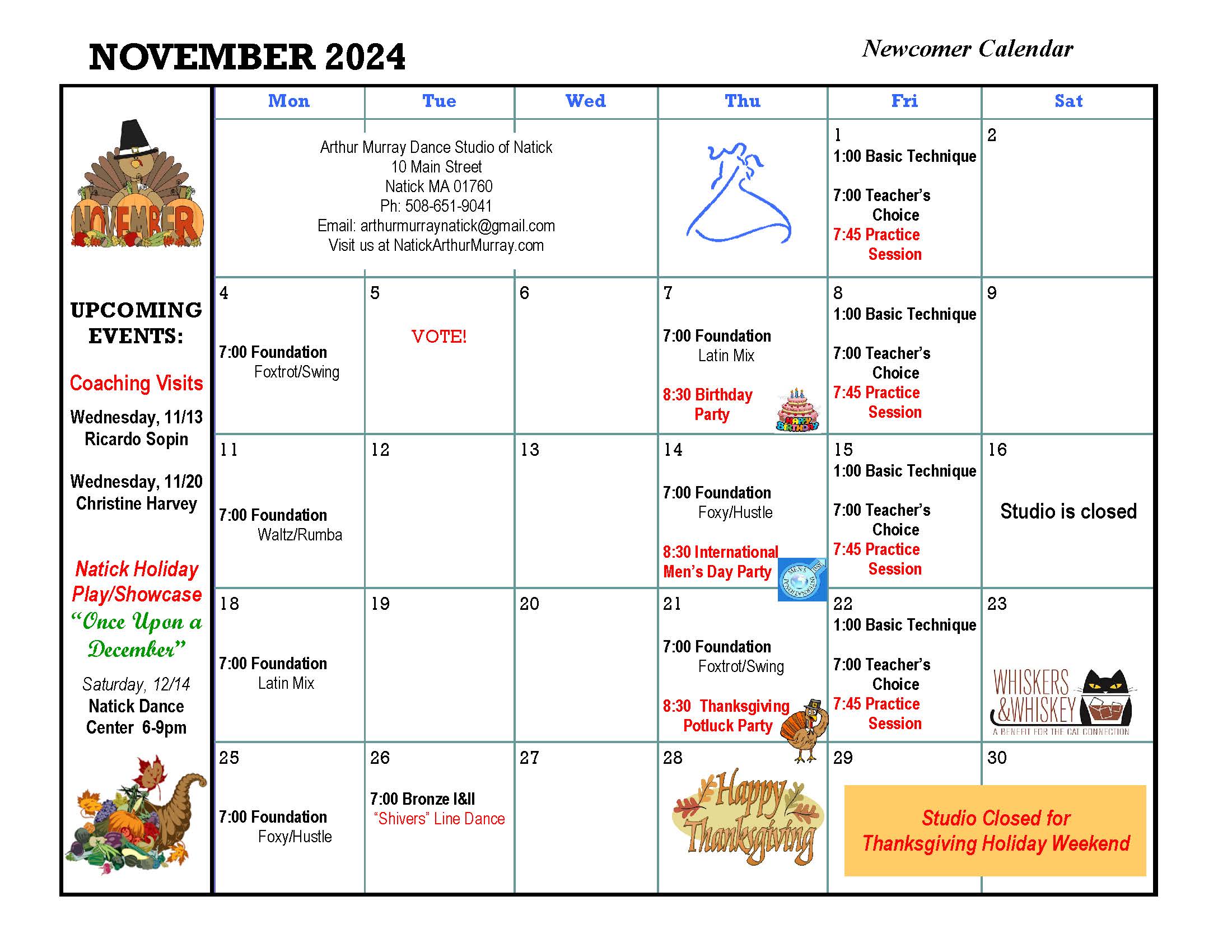 Arthur Murray Natick Newcomer November 2024 Calendar