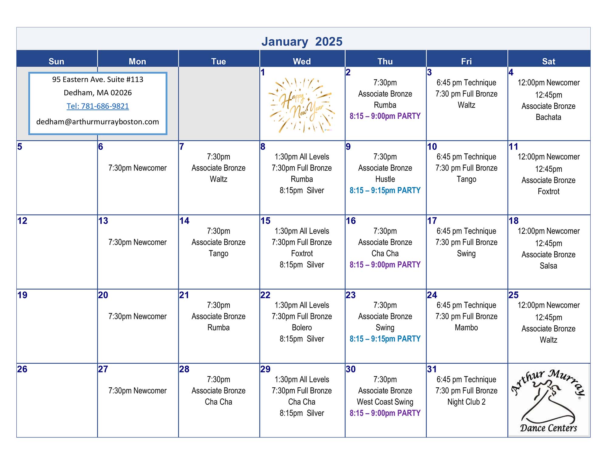 Arthur Murray Dedham January 2025 Calendar